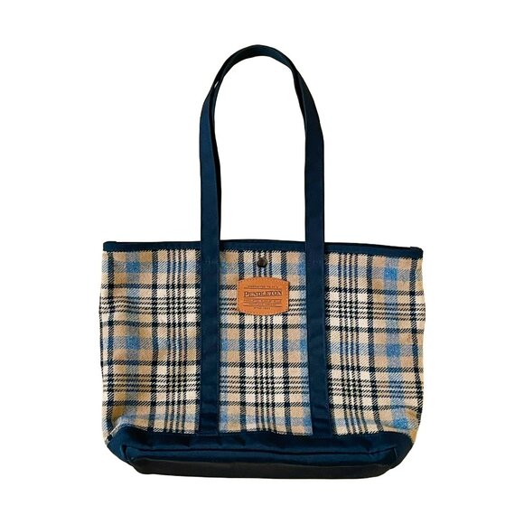 Pendleton Wool Plaid Tote Bag | Navy & Camel Check | Classic Style - Picture 1 of 12